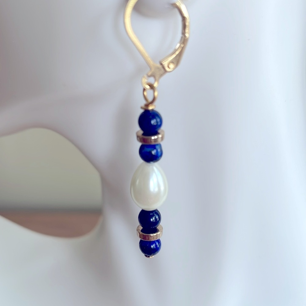 HAND CRAFTED BLUE LAPIS LAZULI & PEARL PIERCED DROP EARRINGS Blue White Gold